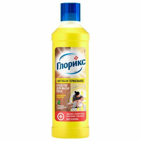 Средство для мытья пола дезинфицирующее 1 л GLORIX (Глорикс) "Лимонная Энергия", без хлора, 8677296 