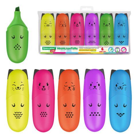 Набор текстовыделителей мини 6 ЦВЕТОВ BRAUBERG KIDS "CUTE CATS NEON", линия 1-5 мм, 152435