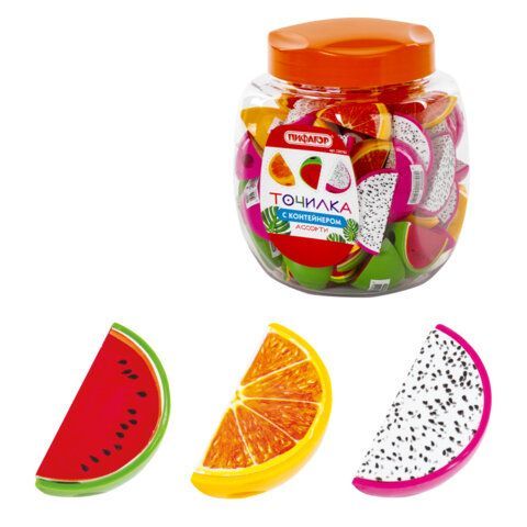 Точилка ПИФАГОР "Фрукты", с контейнером, пластиковая, ассорти, 228702