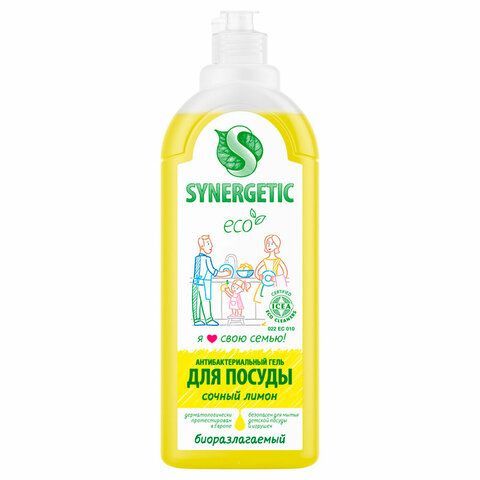 Гель для мытья посуды антибактериальный 1 л, SYNERGETIC "Лимон", дозатор, 103101 