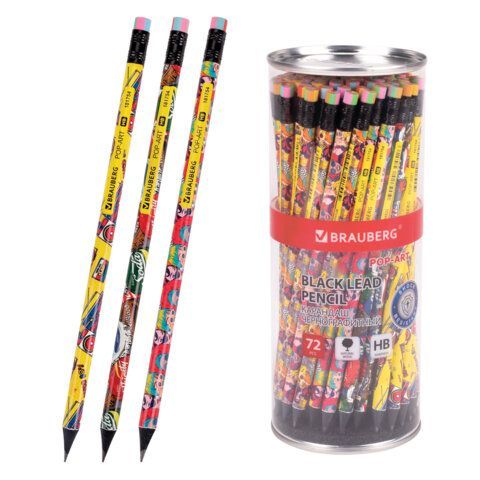 Карандаш чернографитный BRAUBERG "POP-ART", 1 шт., HB, с ластиком, корпус ассорти, 181754