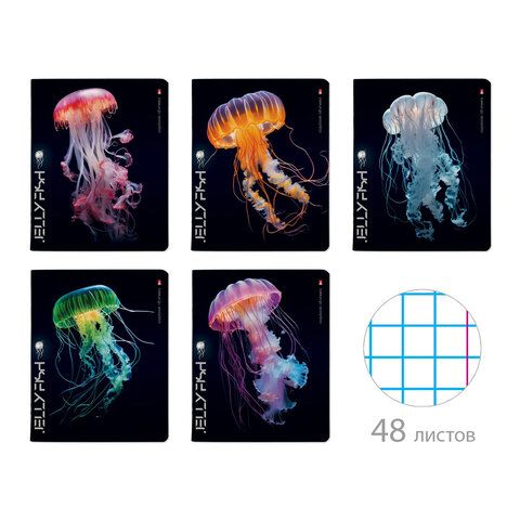 Тетрадь А5 48 л. АЛЬТ скоба, клетка, TWIN-лак, "Медузы фэнтези" (5 видов), 7-48-1331