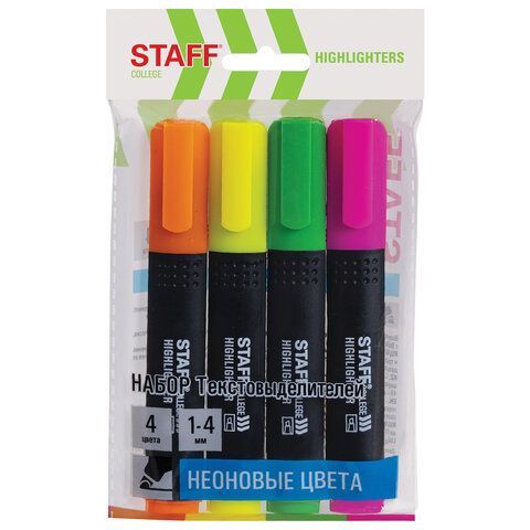 Набор текстовыделителей 4 шт., АССОРТИ, STAFF "College" STICK HL-497, линия письма 1-4 мм, 151501