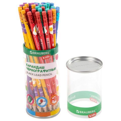 Карандаш чернографитный BRAUBERG KIDS "FOOD", 1 шт, HB, с ластиком, корпус ассорти, 182018