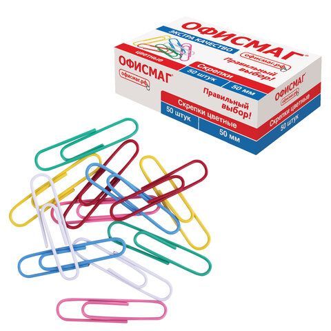Скрепки большие ЭКСТРА ОФИСМАГ 50 мм цветные 50 штук, 271318