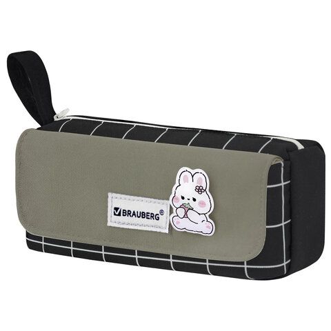 Пенал мягкий BRAUBERG, 1 отделение, карман на липучке, значок, 22х10х6 см, Black checkered, 273579