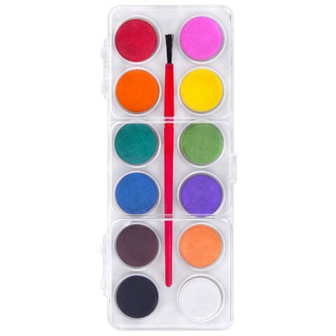 Краски акварельные ПИФАГОР СОЛНЫШКО 12 цветов, круглые кюветы, пенал, 192635