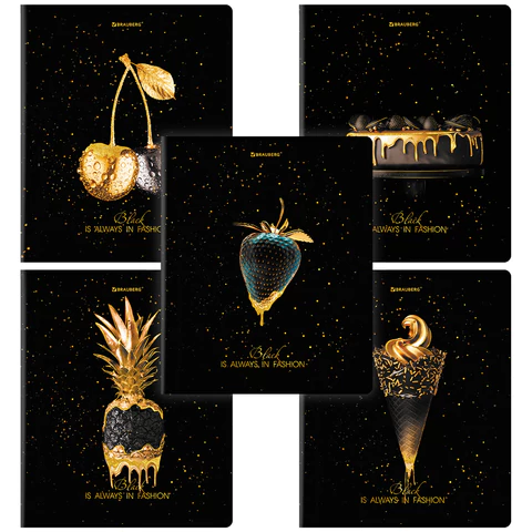 Тетрадь А5, 48 л., BRAUBERG, скоба, клетка, матовая ламинация, фольга, "Black&Gold", 404370