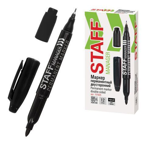 Маркер перманентный двусторонний STAFF "Manager" PM-625, ЧЕРНЫЙ, наконечники 0,8 мм / 2,2 мм, 151625