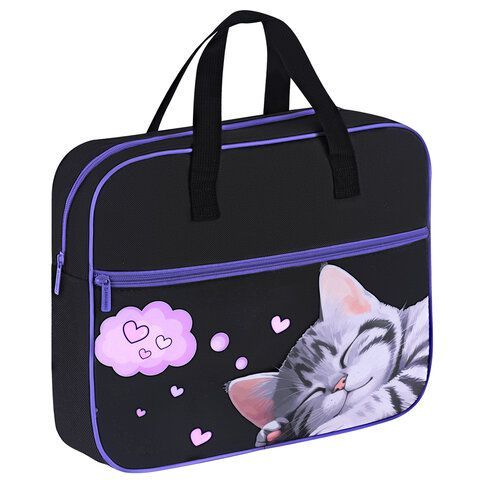 Папка на молнии с ручками BRAUBERG А4, 1 отделение, карман на молнии, 80 мм, Sleeping kitten, 273309