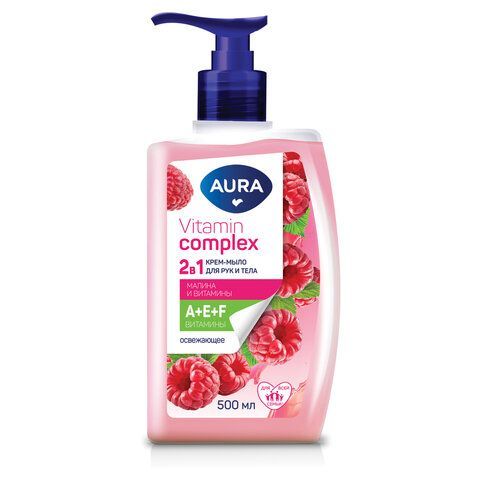 Мыло жидкое 2в1 для рук и тела 500 мл AURA Vitamin Complex "Малина и витамины", 13356 