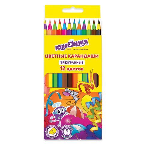 Карандаши цветные ЮНЛАНДИЯ "КАРНАВАЛ", 12 цветов, пластиковые, заточенные, трехгранный корпус, 181684