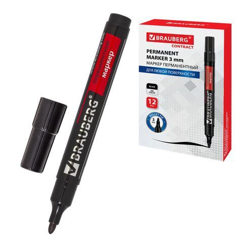Маркер перманентный BRAUBERG "Contract", ЧЕРНЫЙ, круглый наконечник, 3 мм, 150465
