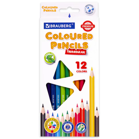 Карандаши цветные BRAUBERG PREMIUM, 12 цветов, пластиковые, трехгранные, грифель мягкий 3 мм, 181661