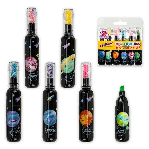 Набор текстовыделителей ЮНЛАНДИЯ "КОСМОС", 6 НЕОНОВЫХ ЦВЕТОВ, линия письма 1-5 мм, 152512