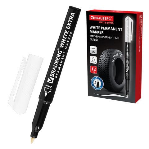 Маркер перманентный BRAUBERG WHITE EXTRA, БЕЛЫЙ, круглый наконечник 3 мм, 152488