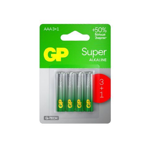 Батарейки GP Super, AAA (LR03, 24А), алкалиновые, мизинчиковые, КОМПЛЕКТ 4 шт., ПРОМО 3+1, 24A3/1-2CR4