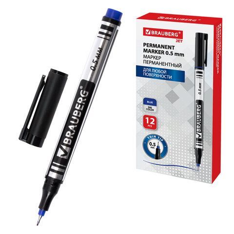 Маркер перманентный BRAUBERG "Jet", СИНИЙ, супертонкий металлический наконечник 0,5 мм, 150508