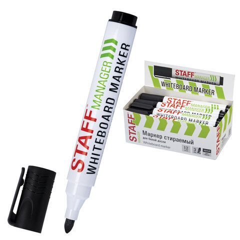 Маркер стираемый для белой доски, ЧЕРНЫЙ, STAFF "MANAGER" WBM-300, 3 мм, с клипом, 152636