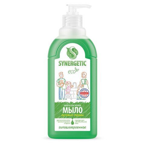 Мыло жидкое 500 мл SYNERGETIC "Луговые травы", гипоаллергенное, биоразлагаемое, дозатор, 105053 