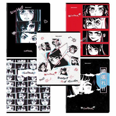 Тетради КОМПЛЕКТ 5 шт., А5, 48 л., BRAUBERG, скоба, клетка, глянцевый лак, "Аниме", 404391