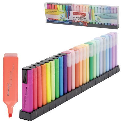 Набор текстовыделителей 24 ЦВЕТА на подставке, BRAUBERG "ORIGINAL", 15 пастельных цветов + 9 неоновых цветов, линия 1-5 мм, 152508