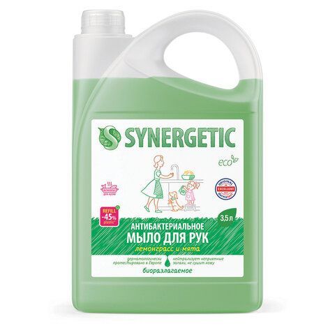 Мыло жидкое антибактериальное 3,5 л SYNERGETIC "Лемонграсс и мята", антизапах, 105201 