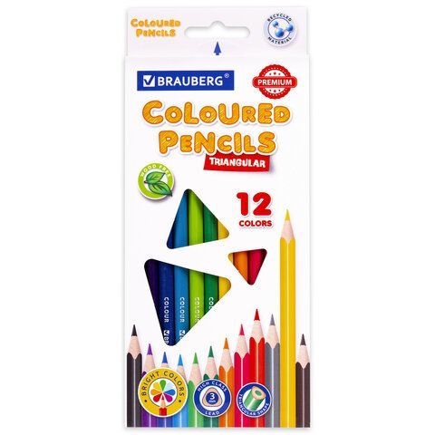 Карандаши цветные BRAUBERG PREMIUM, 12 цветов, пластиковые, трехгранные, грифель мягкий 3 мм, 181661