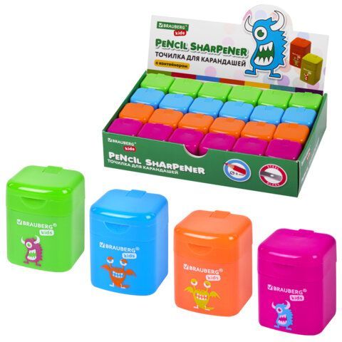 Точилка BRAUBERG KIDS "Монстрик", с контейнером, корпус ассорти, 271946