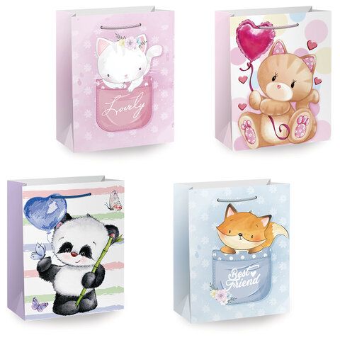 Пакет подарочный (1 штука) 26х13х32 см (L), "Lovely Animals", ассорти, глиттер, ЗОЛОТАЯ СКАЗКА, 700816