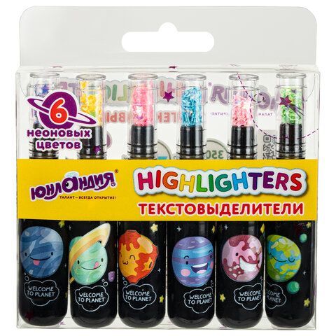 Набор текстовыделителей ЮНЛАНДИЯ "КОСМОС", 6 НЕОНОВЫХ ЦВЕТОВ, линия письма 1-5 мм, 152512