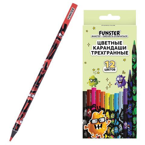 Карандаши цветные FUNSTER (ФАНСТЕР) МОНСТРИКИ, 12 цветов, черный корпус с принтом, трехгранные, 182065