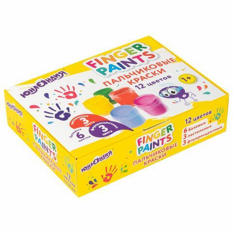Краски пальчиковые для малышей от 1 года, 12 цветов (6 базовых+3 пастельных+3 флуоресцентных) по 35 мл, ЮНЛАНДИЯ, 192570