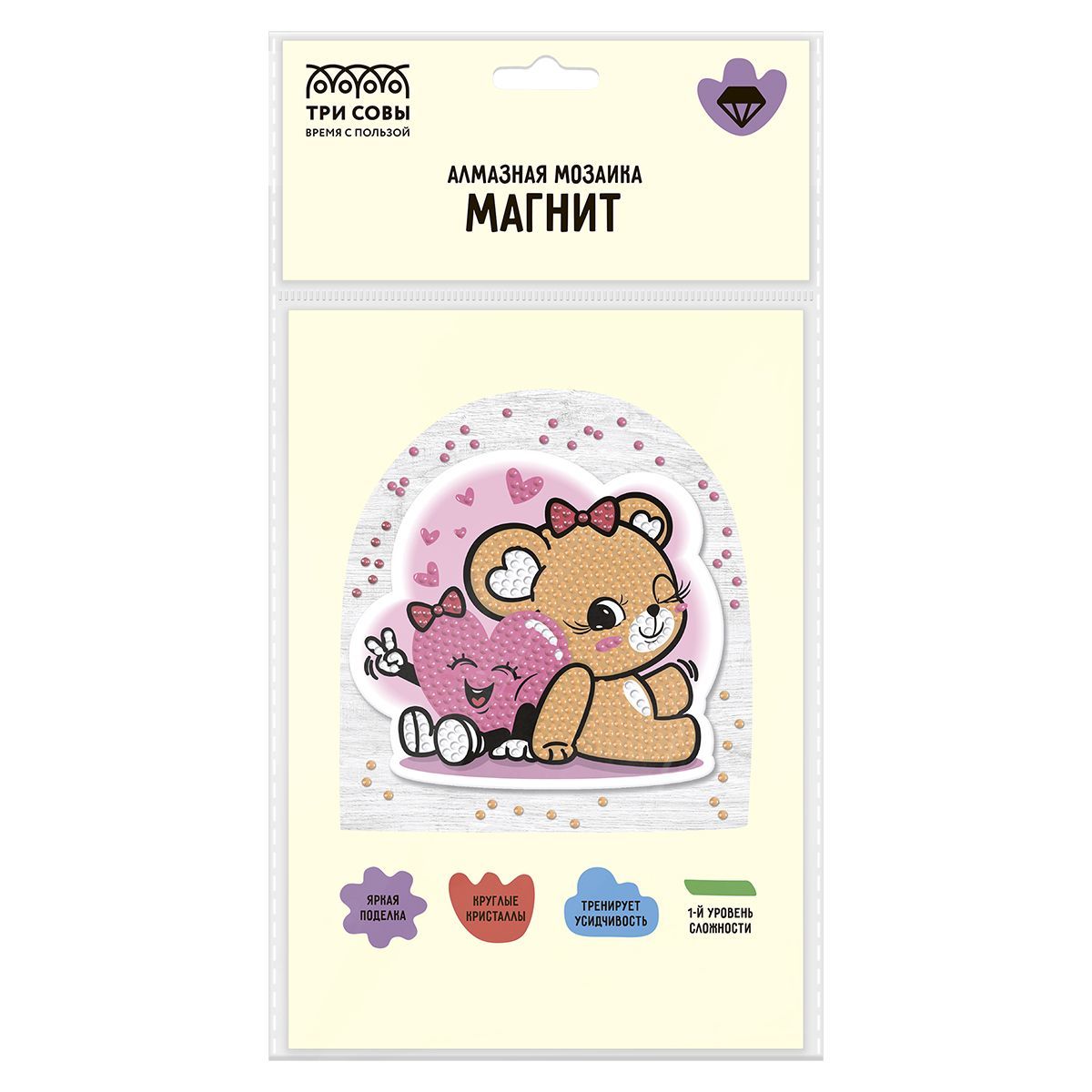 Алмазная мозаика, магнит ТРИ СОВЫ "Мишка и Сердечко", пакет с европодвесом