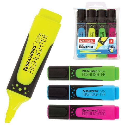 Набор текстовыделителей BRAUBERG 4 шт., АССОРТИ, "EXTRA", прорезиненный корпус, линия 1-5 мм, 151746