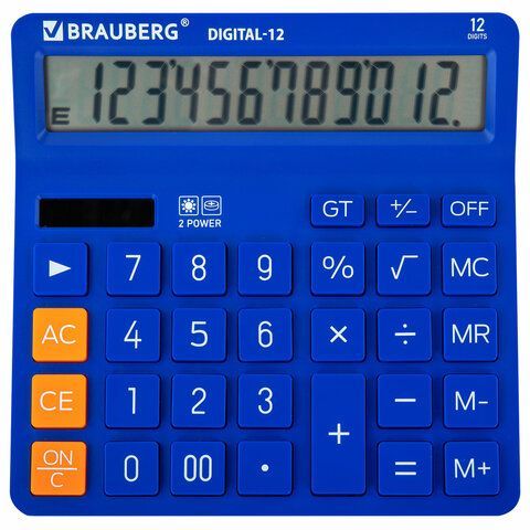 Калькулятор настольный BRAUBERG DIGITAL-12-BL (151х152 мм), 12 разрядов, двойное питание, СИНИЙ, 272969