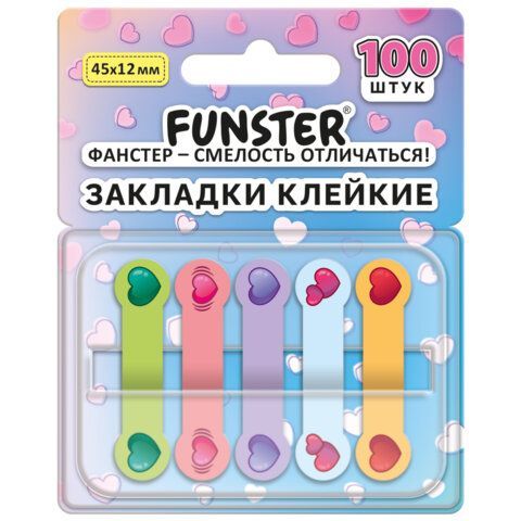 Закладки клейкие Z-сложения FUNSTER (ФАНСТЕР) "Сердечки", 45х12 мм, 100 шт., (5 цветов х 20 листов), в диспенсере, 116704