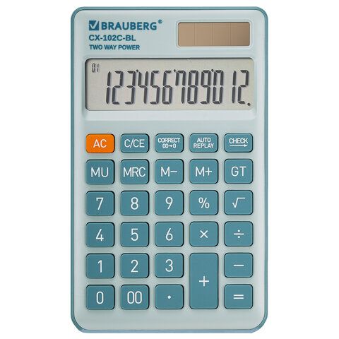 Калькулятор карманный BRAUBERG CX-102C-BL (76x126 мм), 12 разрядов, двойное питание, ГОЛУБОЙ, 272649