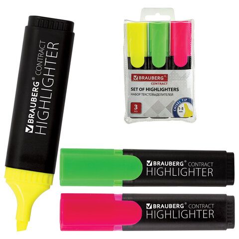 Набор текстовыделителей BRAUBERG 3 шт., АССОРТИ, "Contract", линия 1-5 мм, 150395