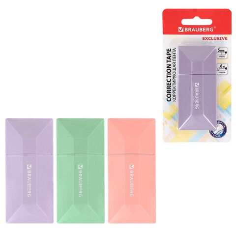 Корректирующая лента BRAUBERG "EXCLUSIVE", 5 мм х 6 м, ассорти, блистер, 273022, Код 1C