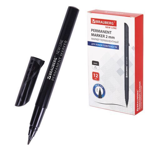 Маркер перманентный BRAUBERG NEW LINE, ЧЕРНЫЙ, круглый наконечник 2 мм, 152209