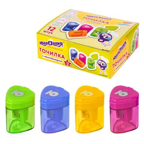 Точилка ЮНЛАНДИЯ "Трио", с контейнером, пластиковая, корпус ассорти, 228438