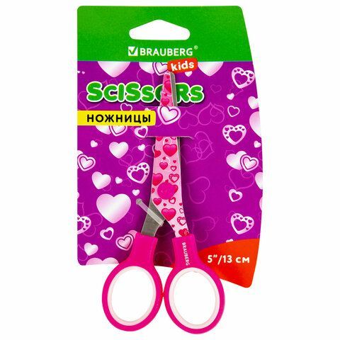 Ножницы BRAUBERG "Kid Series", 130 мм, малиновые, с цветной печатью "Сердечки", закругленные, 232275