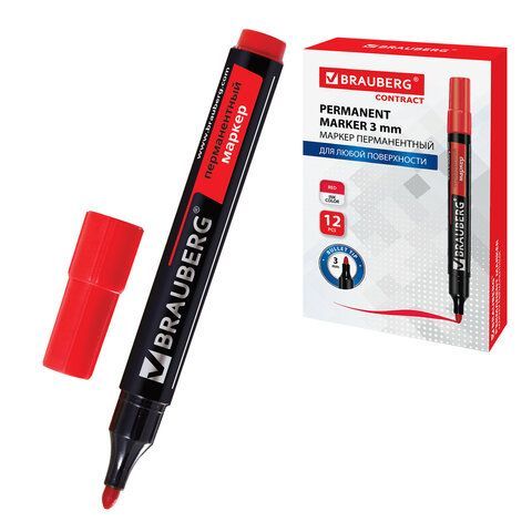 Маркер перманентный BRAUBERG "Contract", КРАСНЫЙ, круглый наконечник, 3 мм, 150467
