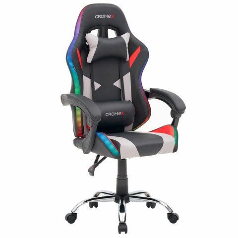 Кресло компьютерное CROMEX "Quantum GM-155 RGB", подсветка, две подушки, экокожа, черное/красное/серое, 532955