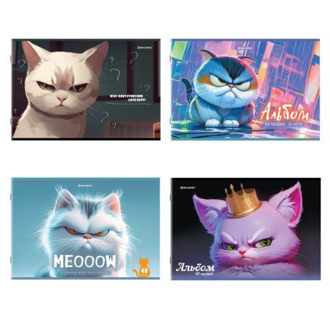 Альбом для рисования А4 40 листов, скоба, обложка картон, BRAUBERG, 203х288мм, Недовольные котики, 107115