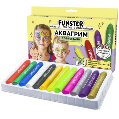 Аквагрим для лица и тела, 12 цветов (6 классических+3 неон+3 метал), 10 трафаретов, FUNSTER, 192575