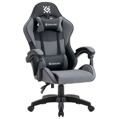 Кресло компьютерное DEFENDER Strider, 2 подушки, ткань/экокожа, черное/серое, ш/к 26715, 64056