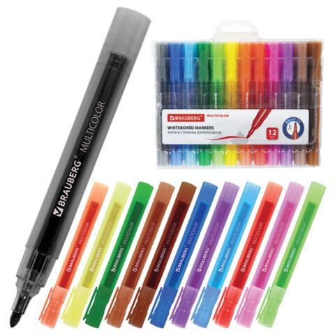 картинка Маркеры стираемые для белой доски НАБОР 12 ЦВЕТОВ, BRAUBERG "MULTICOLOR", 3 мм, 152121 от магазина