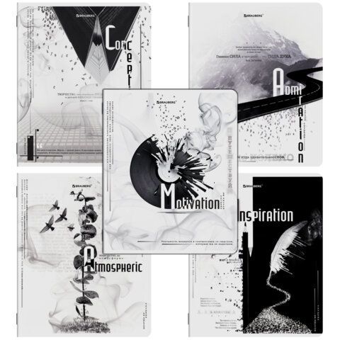 Тетради ДЭК А5 48 л. КОМПЛЕКТ 5 шт. BRAUBERG скоба, клетка, матовая ламинация, BLACK&WHITE, 404963